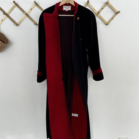 Vintage Carolina Herrera Long Wool Coat Size 8 Navy Blue Red Velvet Trim Button - Picture 12 of 15